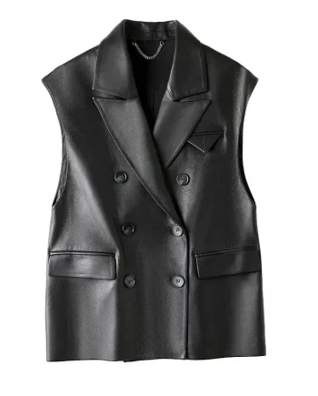 Women's Genuine Leather Waterproof Canvas Vest Knitted Weave Windproof Outerwear