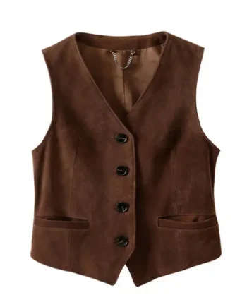 British Style Casual Short Cowhide Suede Vest Windproof and Outer Wear Button Decoration Sleeveless Waistcoat