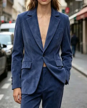 Elegant Lady Grey Blue Suede Blazer Suit Peak Lapel Single Breasted Slim Fit Wedding Party Suit Coat