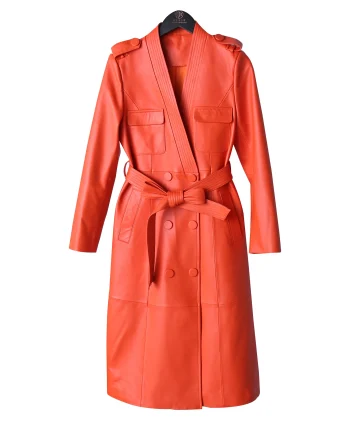 Beautiful Color Real Leather Coat V Neck Multi Pockets Belted Slim Leather Trench Coat for Women