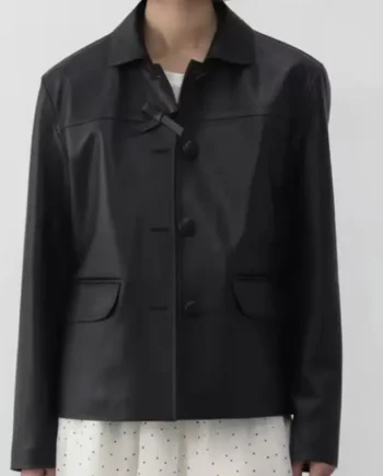 Boxy Black Leather Jacket Single Breasted Button Bow Detail Flap Pocket Vintage Coat for Women