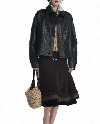 2027 Trend Black Woven Leather Jacket Oversized Boxy Pointed Collar Hidden Zipper Diagonal Pockets Coat