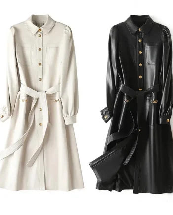 Women's Chic Vintage Midi Dress Long Sleeve Lace-Up Pockets Solid XS XL Casual Female Vestidos Mujer for Summer
