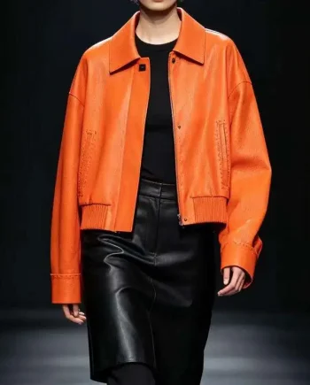 Womens Leather Cropped Coat Pointed Collar Concealed Placket Welt Pockets Dropped Shoulder Bomber Jacket