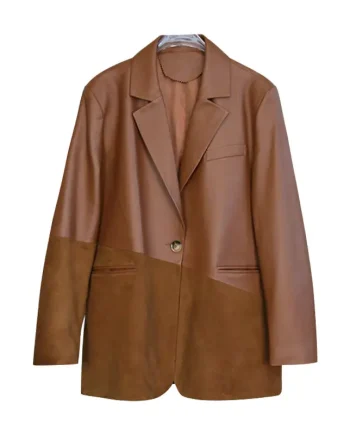 Business Formal Brown and Black Sheep Skin Leather Blazer Pant Suit Solid Pattern Two-Piece Set for Women in Autumn