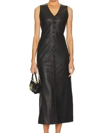 High Quality Sleeveless V Neck Button Down Bodycon Midi Dress Women Black Real Lambskin Leather Dress