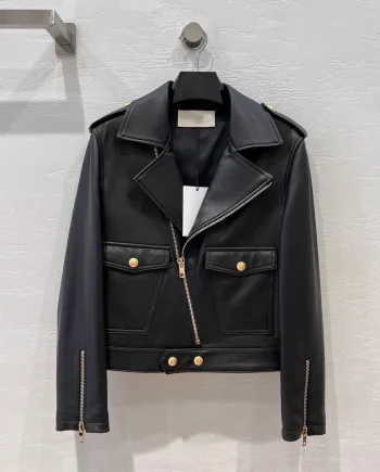 100% Genuine Sheep Skin Leather Jacket Zipper Biker Style Long Sleeves for Women Solid Autumn Spring Front Button Ornament