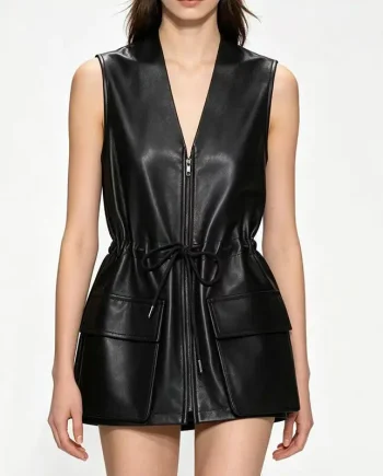 Black Sleeveless Vest Dress Leather Longline Tunic V Neck Drawstring Waist Full Zipper Dress Coat