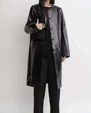 Black Glossy Long Coat Collarless Embossed Single Breasted Long Length Outwear for Outdoors