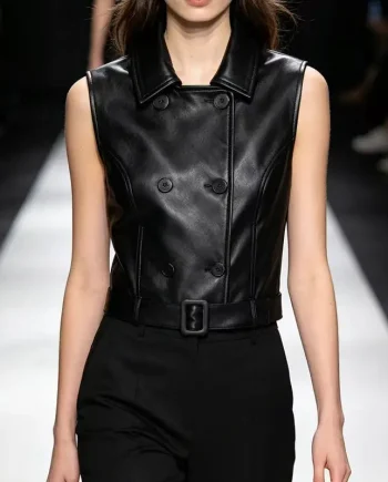 Elegant Women's Black Leather Vest Sleeveless Double Breasted Pointed Collar With Belt Slim Fit Coat