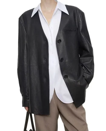Black Women Genuine Leather Coat Slim Fit V Neck Single Breasted Sheepskin Long Leather Jacket