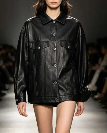 Black Sheepskin Leather Shacket Oversized Drop Shoulder Print Love Quote Jacket Coat