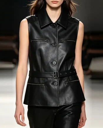 Luxury Women Black Leather Waistcoat Sleeveless Zipper Pockets With Belt Pointed Collar Fashion Outwear