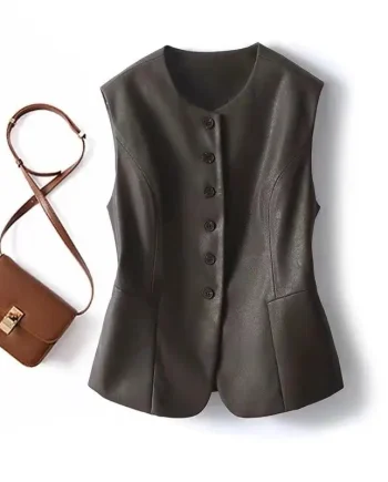 Women's Triple Breasted Genuine Leather Motorcycle Vest Knitted Waterproof Breathable Canvas Outerwear for Motorbike Riding