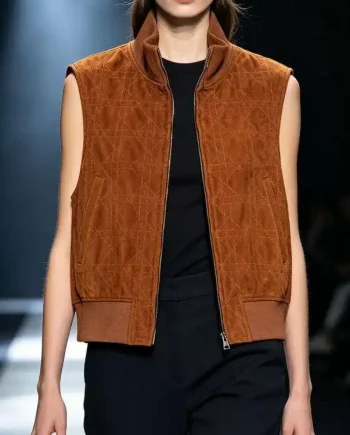 Rust Brown Vest Sleeveless Ribbed Collar Waistband Two Way Zipper Welt Pockets Bomber Vest