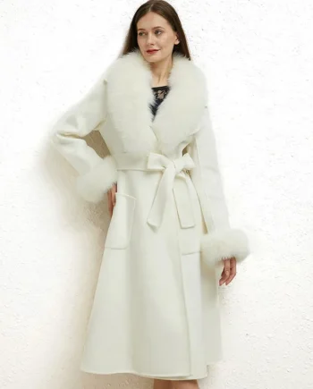 2026 Big Real Fox Fur Trimming Wool Jacket Fashion Women Long Cashmere Coat With Fur