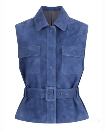 Western Cowgirl Ladies Indigo Suede Leather Vest Belted Wrap Slim Real Leather Suede Vest with Pockets