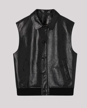 New Style Female Black Leather Vest Sleeveless Button Front Ribbed Hem Welt Pockets Waistcoat for Streetwear