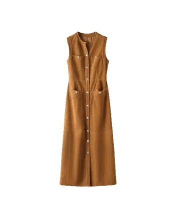 Professional Caramel Genuine Goat Suede Sleeveless Button up Maxi Long Women Suede Dress