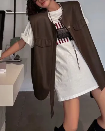 High Quality Women's Waterproof Canvas Leather Vest Breathable Windproof Genuine Leather Outerwear with Knitted Weaving Method