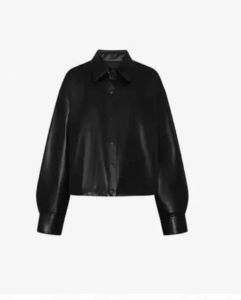 2027 New Black Leather Bomber Jacket Stand Collar Short Slim Fit Ribbed Side Knit Panels Coat for Women