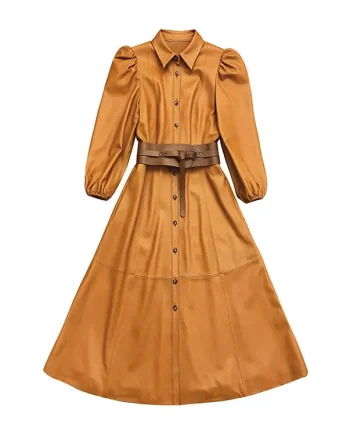 Luxury Camel  Puff Sleeve Genuine Leather Dress Shirt Collar Midi Single Breasted Women Leather Dress