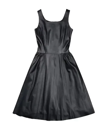 Lady Elite Quality Black Real Sheepskin Fit and Flare A-Line Sophisticated Midi Leather Dress for Summer