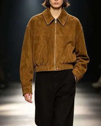 Brown Suede Bomber Jacket Cropped Zip up Shirt Collar Dropped Shoulder Welt Pockets Casual Coat