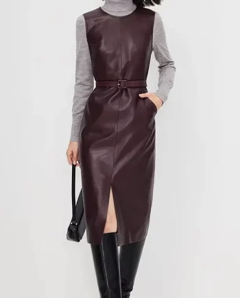 Premium Selection Deep Burgundy Sheepskin Sleeveless Belted Front Slit Midi Real Leather Dress for Lady