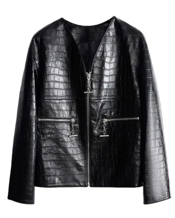 hot sell Black Embossed Genuine Sheepskin Collarless Zippered Slim Fit Women's real Leather Jacket without collar
